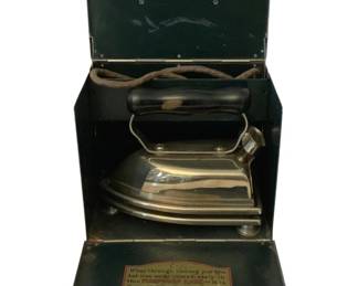 190 - Vintage Sunbeam Iron w/ Case 6.5"x8"x5.5" (Description): Vintage Sunbeam electric iron with original  fireproof storage case. The case features a  hinged lid and fold-down front panel with  printed instructions for safe storage of the  hot iron. Measures 6.5" x 8" x 5.5". Used as is electric/electronic/mechanical  item. No guarantee all components, untested.