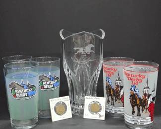 Kentucky Derby Glasses, Tokens, and Crystal Vase