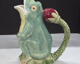 Majolica-Style Frog Pitcher with Floral Handle