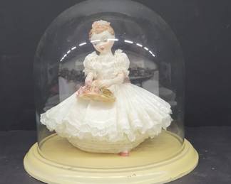 Porcelain Dresden Type Figurine Under Glass Dome
