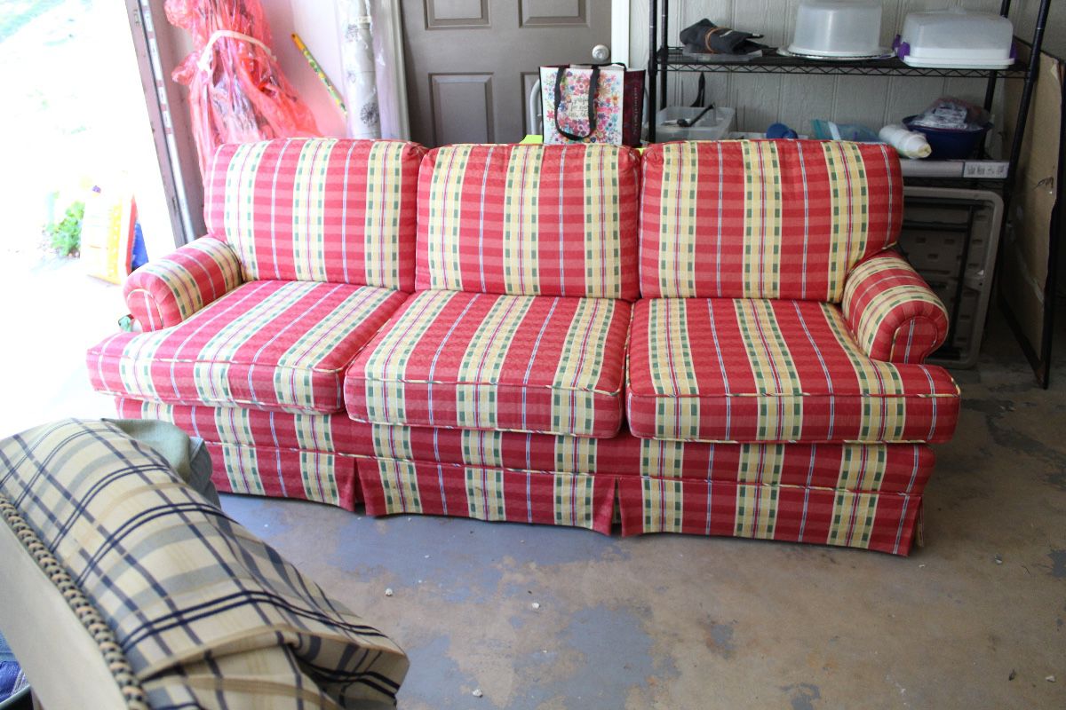 Plaid Upholstered Sofa with Rolled Arms & Three-Cushion Seating