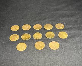 13 Antique Brass No 2  15 Trade Tokens