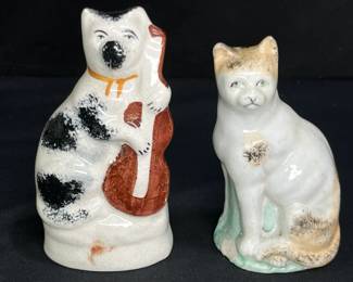 Antique Sattordshire Cat & Violin & Cat Figurines