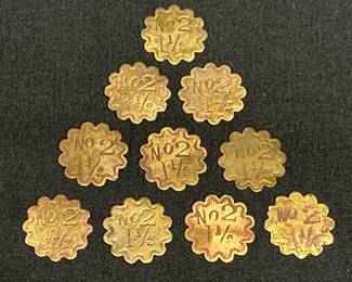 10 Brass Antique Scallop Trade Tokens No 2