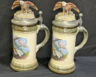 Two Gerz Germany Lidded Steins with Eagle on top