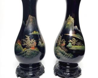 Chinese Flying Horse Lacquerware Hand Painted Vases