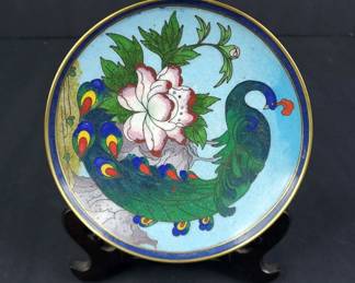 Chinese Cloisonne Peacock Peony Themed Dish