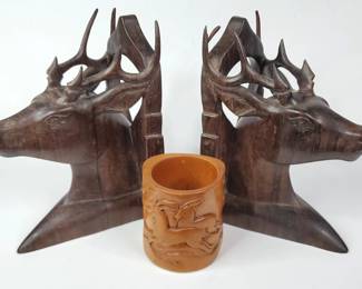 Carved Wood Deer Bookends, Antelope Cup