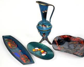Enameled Metal Dishes, Vase, Fused Glass Dish