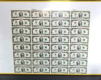 Uncut Sheet of Two Dollar Bills