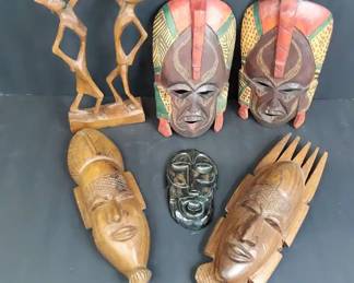 Carved Wood Ethnic Folk Tribal Masks, Figures