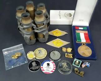 US Military MemorabiliaShell Casings, Honorable Discharge, Medals, Pins