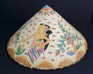 Asian Hand Painted Woven Conical Bambo Sun Hat