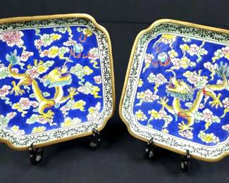 Vintage Chinese Dragon Enameled Metal Dishes