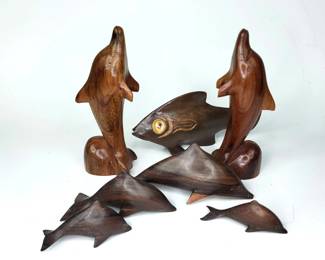 Carved Wood Dolphins Fish