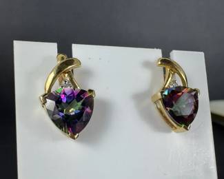 10K Yellow Gold Mystic Topaz  Diamond Accent Stud Earrings 3.76g