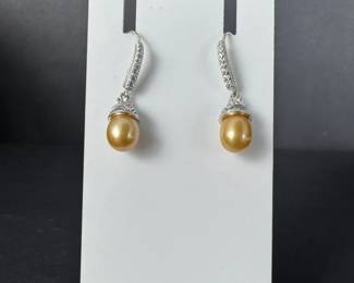 925 Sterling Silver CZ Golden Pearl Drop Earrings 3.70g