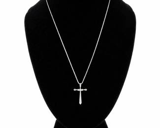 4.43g  14K White Gold Diamond Cross Necklace  3 Diamond Pendant, 22 Box Chain