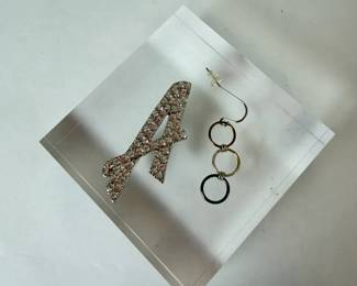 Rhinestone Letter A Brooch  Geometric Dangle Earring  Costume Jewelry Pair