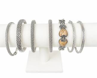 Grouping Of Sterling Silver Bracelet Collection Italian, Mesh  Crystal Styles