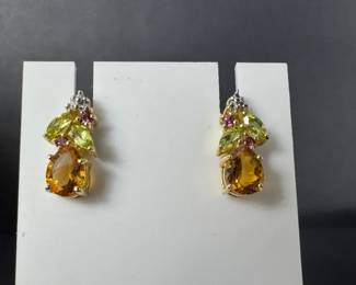 14K Yellow Gold Citrine, Peridot  Pink Tourmaline Stud Earrings 3.08g