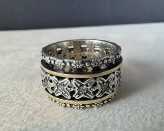 Israel Sterling Silver  14K Gold Spinner Ring with CZ Flowers, Size 10, 13.42g