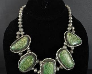  02 Large Southwestern Style Green Turquoise Squash Blossom Necklace, 124.13 Grams