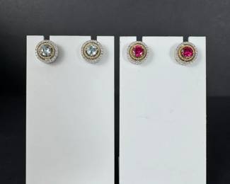 Sterling Silver  14K Aquamarine Ruby Diamond Halo Stud Earrings 7.65g 2 Pair