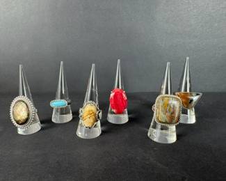 Southwestern  Artisan Sterling Silver Gemstone Rings  Collection of 6 Statement Styles