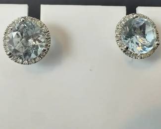 14K White Gold Blue Topaz  Diamond Halo Stud Earrings with FullCut Diamonds 1.99g