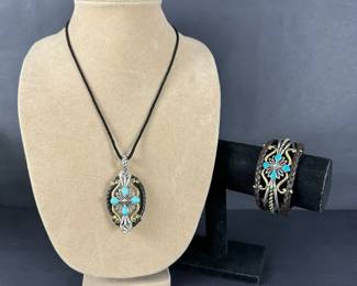 Carolyn Pollack Relios Sterling Silver  Brass Pendant Necklace and Cuff Bracelet Set
