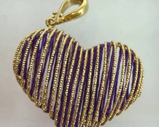 4.22g  14K Yellow Gold Heart Wire Pendant with Purple Thread Accent