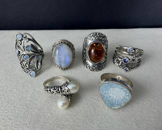 Nature  Artisan Sterling Silver Gemstone Rings  6 Statement Rings, 53.61g Total