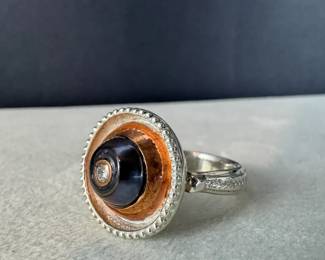 Unmarked Sterling Silver Copper Black Pearl Diamond Ring, Size 10, 14.54g