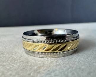 10K Yellow Gold Inlay Stainless Steel Comfort Fit Wedding Band Ring, Size 9.25, 8.16 Grams