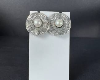 HG Israel Sterling Silver Freshwater Pearl Round Stud Earrings 9.66g