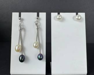 Sterling Silver Pearl Stud  BlackWhite Pearl Dangle Earrings 6.35g Total