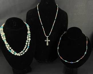 Native American Sterling Silver Inlay Cross  Pearl Turquoise Necklace Collection