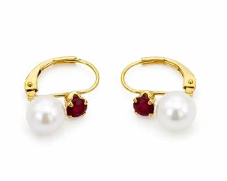 1.69g  14K Gold Cultured Pearl  Ruby Leverback Earrings