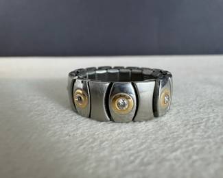 Speidel Stainless Steel  14K Gold Diamond Watch Band Ring, Size 815 Adjustable, 4.72g