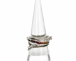 Rainbow Garnet  Diamond Ring  Size 8, Likely Sterling Silver