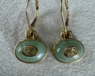 14K Yellow Gold Jade Leverback Dangle Earrings 12x10mm Oval Jade 3.01g