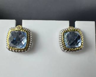 18K Gold  Sterling Silver Blue Topaz Stud Earrings with Accent Diamonds 4.95g