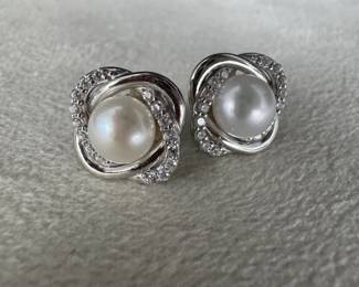 Sterling Silver Cultured Pearl  CZ Stud Earrings 8mm 1.4mm CZ Accents