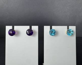 14K Yellow Gold Amethyst  Blue Topaz Stud Earrings 2 Pair Lot 7.46g