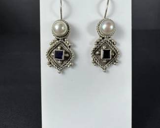 Sterling Silver Cultured Freshwater Pearl  Blue Stone Dangle Earrings 6.64g