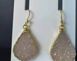 Gold Plated Druzy Crystal Drop Earrings with Sterling Silver Hooks 4.12g