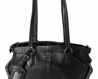  03 Prada Black Leather Shoulder Tote Handbag, Certified Authentic