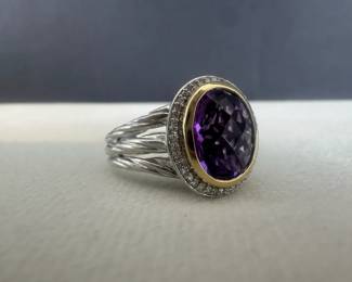 14K Gold  Sterling Silver Fantasy Cut Oval Amethyst Diamond Accent, Size 9.5, 8.19g