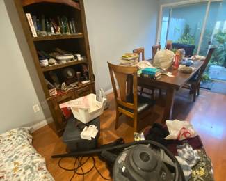 Dining Table, Shop Vacuum, Bookshelf